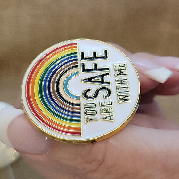 LGBTQ TRANS RIGHTS YOU ARE SAFE WITH ME RAINBOW PIN - Picture 3 of 5